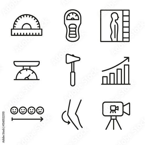 Assessment Tools Icon Set. Outline icon set of assessment tools: goniometer, dynamometer, posture chart, balance scale, reflex