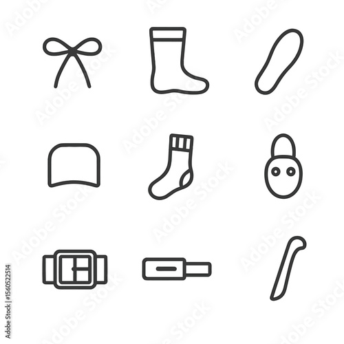 Boot Accessories Icons. Outline icon set of boot accessories: boot laces, boot liner, insole, heel protector, boot sock, lace lock