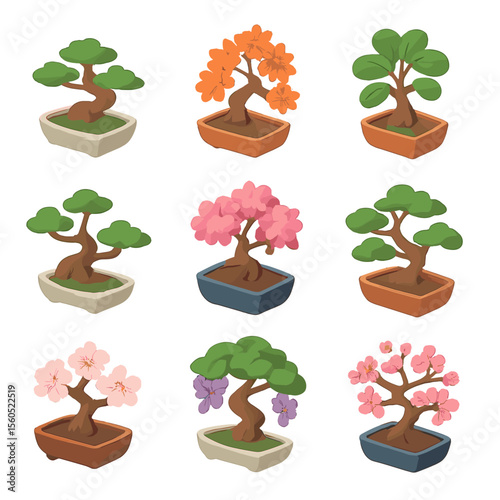 Bonsai Tree Icons. Isometric Flat icon set of bonsai potted trees: juniper bonsai, maple bonsai, ficus bonsai, pine bonsai, azalea