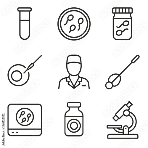 Assisted Reproductive Icons. Outline icon set of assisted reproductive technology: test tube, petri dish, sperm sample, egg