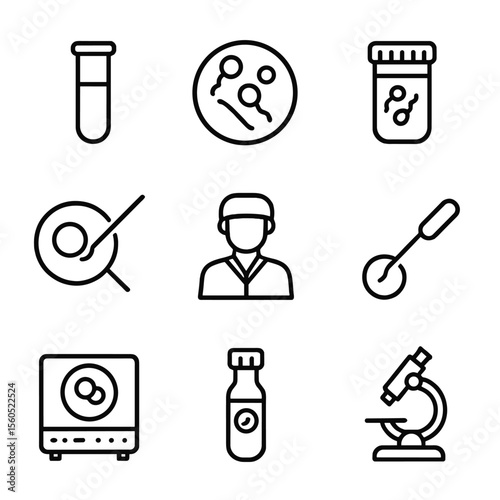 Assisted Reproductive Icons. Outline icon set of assisted reproductive technology: test tube, petri dish, sperm sample, egg