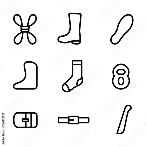 Boot Accessories Icons. Outline icon set of boot accessories: boot laces, boot liner, insole, heel protector, boot sock, lace lock
