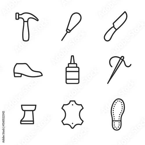 Boot Repair Tools Icons. Outline icon set of boot repair tools: cobbler hammer, stitching awl, shoemaker’s knife, shoe last, sole