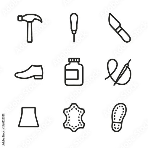 Boot Repair Tools Icons. Outline icon set of boot repair tools: cobbler hammer, stitching awl, shoemaker’s knife, shoe last, sole