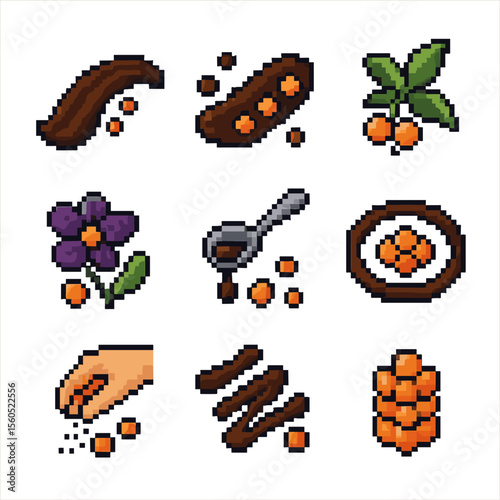 Artful Plating Icons. Pixel art icon set of roe plating techniques: swoosh sauce, dot smear, garnish leaf, edible flower, spoon
