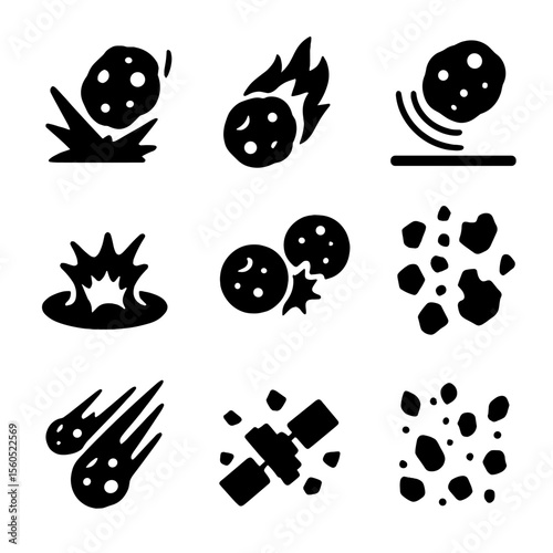 Asteroid Collision Icons. Solid, filled icon set of asteroid collision events: asteroid impact, fireball, shockwave, impact crater