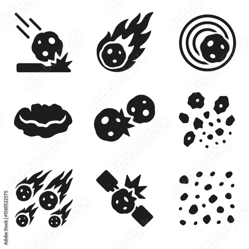 Asteroid Collision Icons. Solid, filled icon set of asteroid collision events: asteroid impact, fireball, shockwave, impact crater