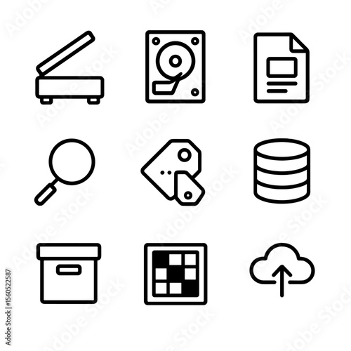 Archival Digitization Icons. Outline icon set of archival digitization: scanner, hard drive, digital file, magnifying glass,