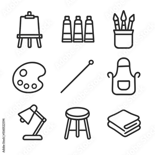Artist Studio Icons. Outline icon set of Artist’s studio tools: sketch easel, paint tubes, brush jar, mixing palette, mahlstick,