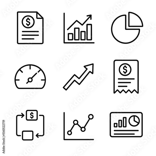 Business Icon Set. Outline icon set of business insights and reporting: financial report document, profit margin chart, cost