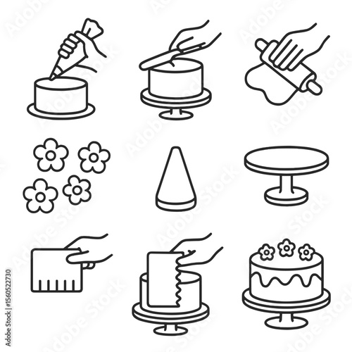 Cake Decorating Icons. Outline icon set of hands cake decorating: piping bag, frosting spatula, cake stand, fondant roller, edible