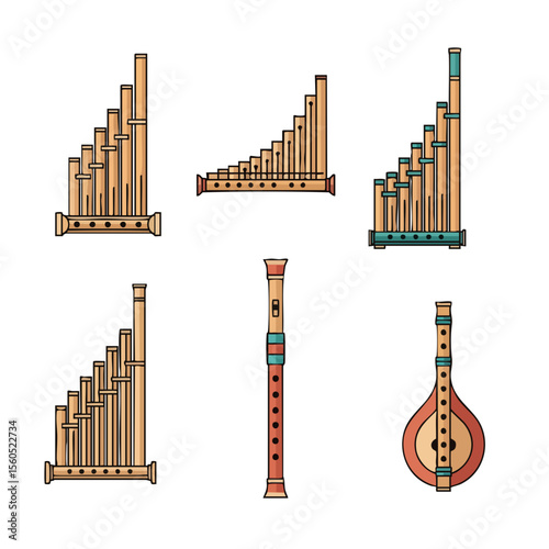 Line Art Various Folk Musical Instrument Isolated on White Background Collection