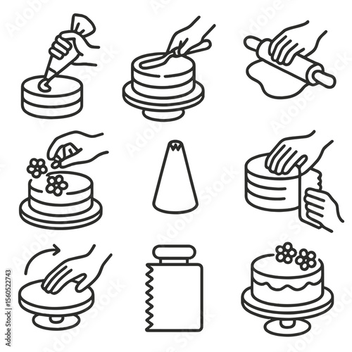 Cake Decorating Icons. Outline icon set of hands cake decorating: piping bag, frosting spatula, cake stand, fondant roller, edible