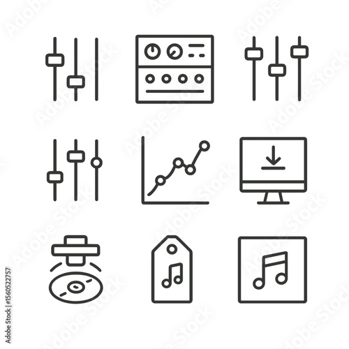 Audio Workflow Icons. Outline icon set of post-production workflow: mixdown fader, mastering rack, EQ adjustment, reverb send,