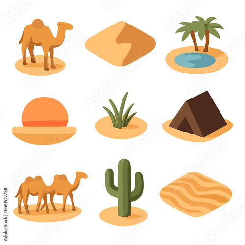 Camel Sunset Icons. Isometric Flat icon set of camels grazing in desert at sunset: camel, sand dune, palm tree oasis, setting sun,