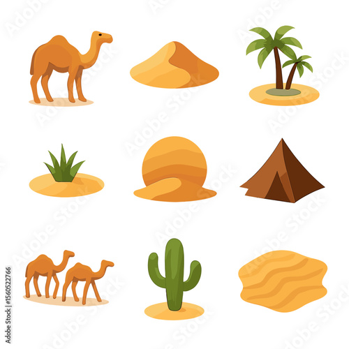 Camel Sunset Icons. Isometric Flat icon set of camels grazing in desert at sunset: camel, sand dune, palm tree oasis, setting sun,