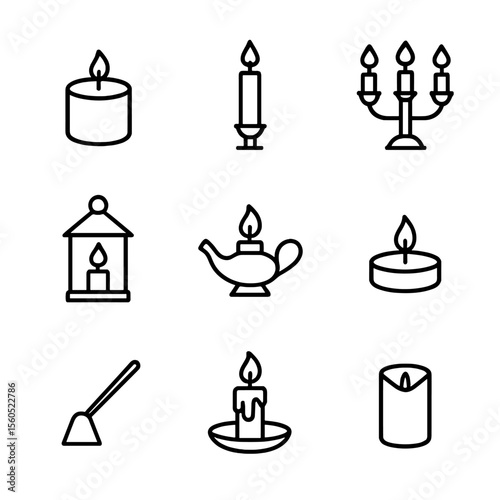 Candle Icon Collection. Outline icon set of Candle and Light Elements: votive candle, processional candle, candelabra, lantern,