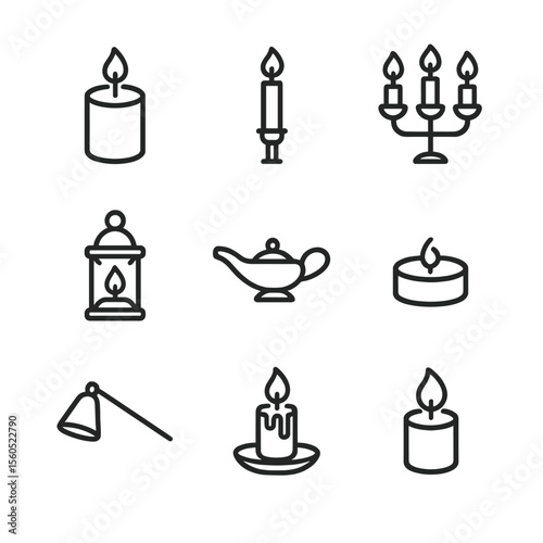 Candle Icon Collection. Outline icon set of Candle and Light Elements: votive candle, processional candle, candelabra, lantern,