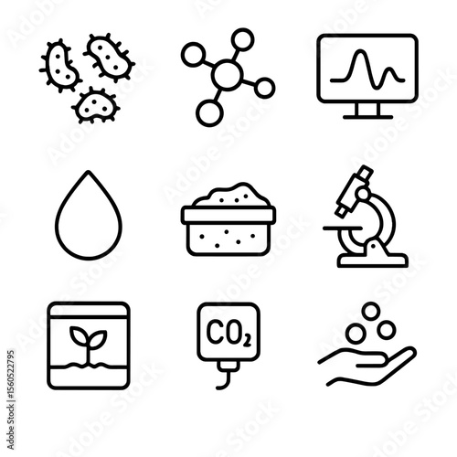 Astrobiological Icons Set. Outline icon set of astrobiological context: microbial colony, biosignature molecule, spectrometer