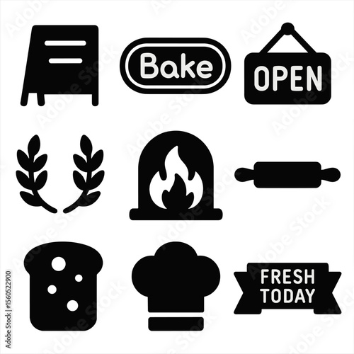Artisan Bakery Icon Set. Solid, Filled icon set of artisan bakery signage: chalkboard menu, neon “Bake” sign, open sign, wheat