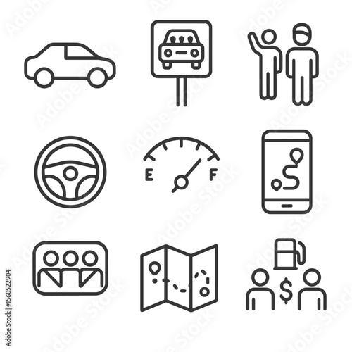 Carpool Icon Set. Outline icon set of carpooling and ridesharing: car silhouette, carpool sign, passenger pickup, steering wheel,