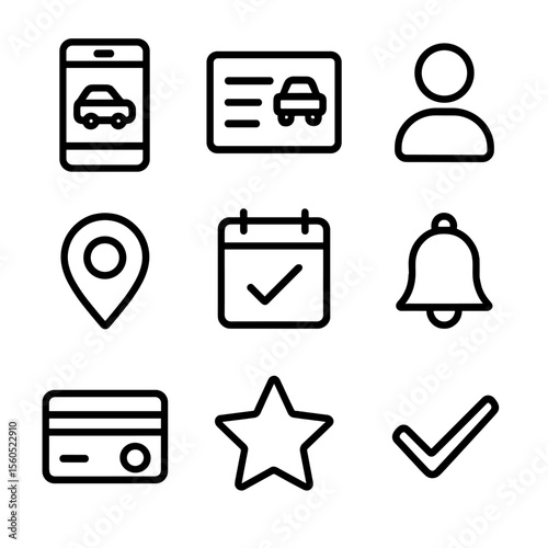 Carpool App Icons. Outline icon set of Carpool Booking Platforms: smartphone with app, ride request form, user profile, map marker