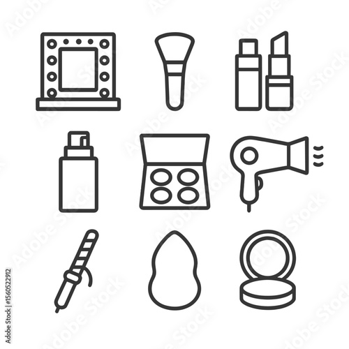 Backstage Beauty Icons. Outline icon set of backstage hair and makeup prep: vanity mirror, makeup brush, lipstick tube, foundation
