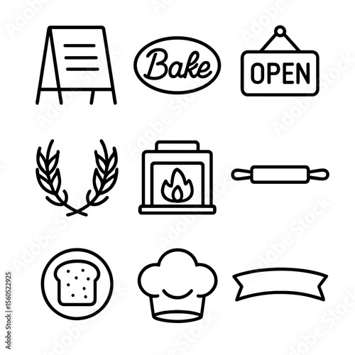 Artisan Bakery Icon Set. Outline icon set of artisan bakery signage: chalkboard menu, neon “Bake” sign, open sign, wheat wreath