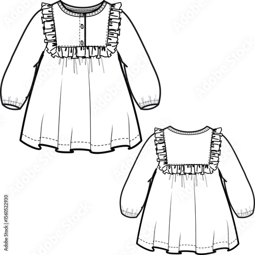 Girls full sleeve tunic frock dress vector flat illustration. This design features a stylish and modern look, perfect for various application