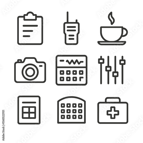 Backstage Crew Icons. Outline icon set of backstage crew and equipment: stage manager clipboard, walkie-talkie, coffee cup, camera