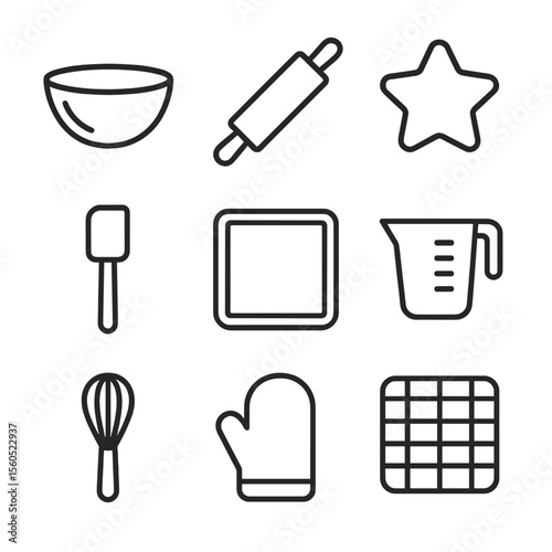 Baking Tools Icons. Outline icon set of baking tools: mixing bowl, rolling pin, cookie cutter, baking sheet, spatula, measuring