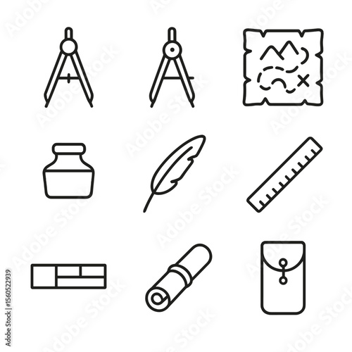 Cartography Tools Icons. Outline icon set of cartography and map-making tools: drafting compass, brass divider, parchment map, ink