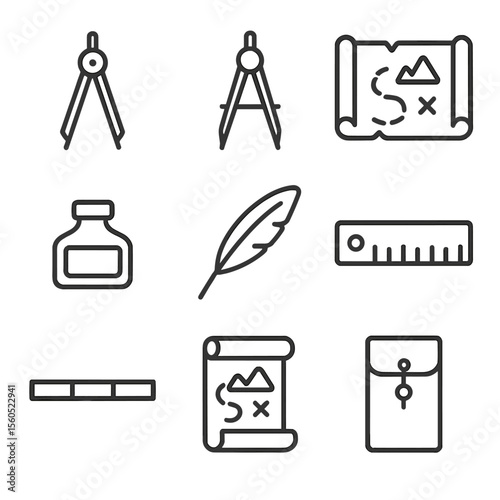 Cartography Tools Icons. Outline icon set of cartography and map-making tools: drafting compass, brass divider, parchment map, ink