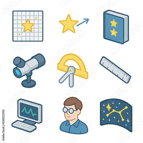Astrometry Icon Set. Isometric Flat icon set of astrometry observations: star position grid, proper motion vector, reference star