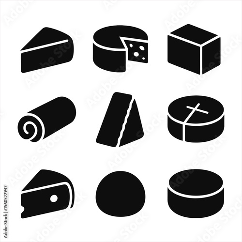 Artisanal Cheese Icons. Solid, filled icon set of artisanal cheese types: brie wedge, blue cheese wheel, cheddar block, goat