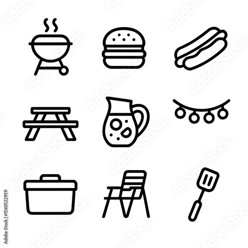 Backyard BBQ Icons. Outline icon set of backyard barbecue gathering: grill, burger, hot dog, picnic table, lemonade pitcher,