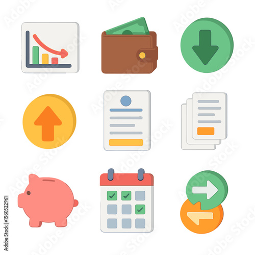 Cash Flow Icon Grid. Isometric Flat icon set of cash flow management: cash flow chart, wallet, incoming arrow, outgoing arrow,