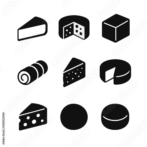 Artisanal Cheese Icons. Solid, filled icon set of artisanal cheese types: brie wedge, blue cheese wheel, cheddar block, goat