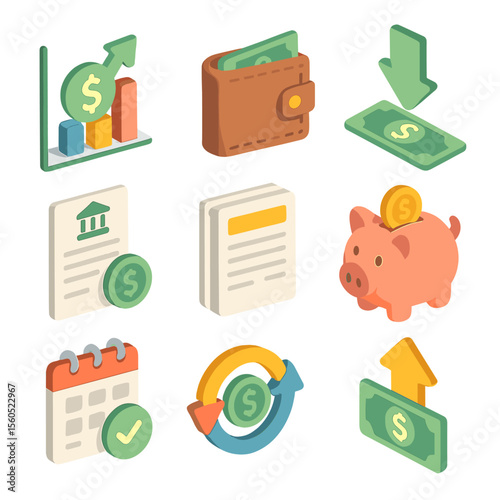 Cash Flow Icon Grid. Isometric Flat icon set of cash flow management: cash flow chart, wallet, incoming arrow, outgoing arrow,