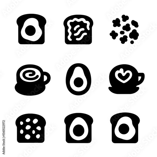Artistic Breakfast Icons. Solid, filled icon set of artistic breakfast presentation: poached egg, avocado spread, coffee art,