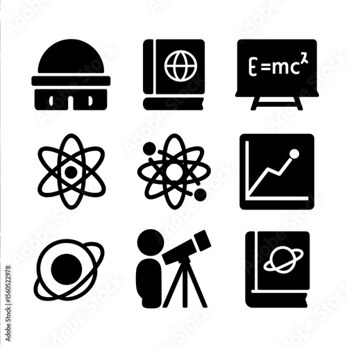 Astronomy Icon Set. Solid, filled icon set of educational astronomy symbols: planetarium, science book, blackboard formula, atom
