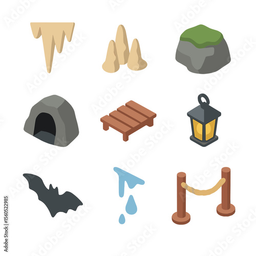 Cave Entrance Icons. Isometric Flat icon set of clandestine cave entrance: jagged stalactite, stalagmite cluster, mossy rock