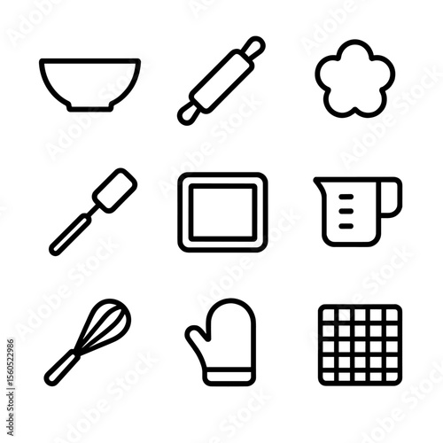 Baking Tools Icons. Outline icon set of baking tools: mixing bowl, rolling pin, cookie cutter, baking sheet, spatula, measuring