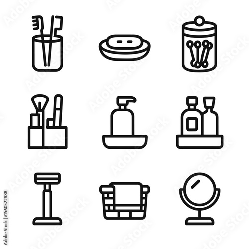 Bathroom Essentials Icons. Outline icon set of bathroom countertop storage: toothbrush holder, soap dish, cotton swab jar, makeup