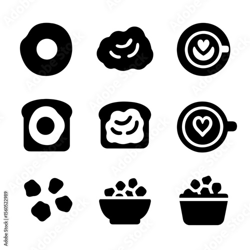 Artistic Breakfast Icons. Solid, filled icon set of artistic breakfast presentation: poached egg, avocado spread, coffee art,