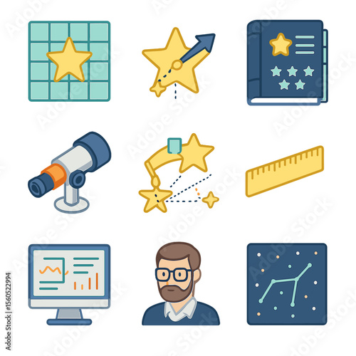 Astrometry Icon Set. Isometric Flat icon set of astrometry observations: star position grid, proper motion vector, reference star
