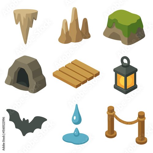 Cave Entrance Icons. Isometric Flat icon set of clandestine cave entrance: jagged stalactite, stalagmite cluster, mossy rock