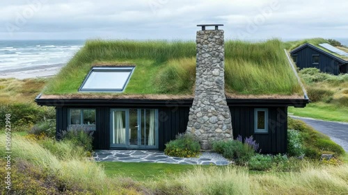 Coastal cabin with a grassy green roof