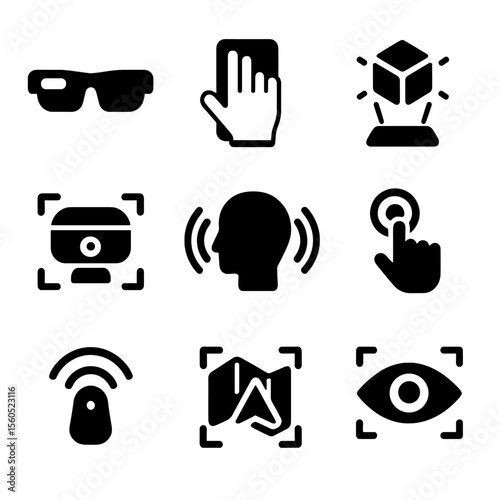Augmented Reality Icons. Solid, filled icon set of augmented reality devices: AR glasses, gesture controller, hologram display,