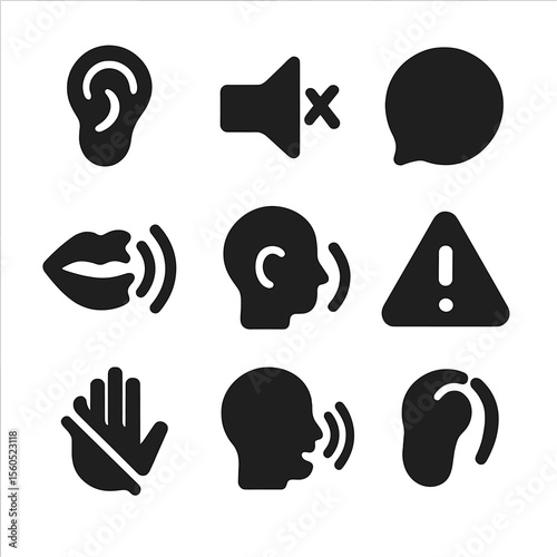 Auditory Symbols Grid. Solid, filled icon set of auditory symbols for students: ear icon, sound off icon, voice bubble, mouth with